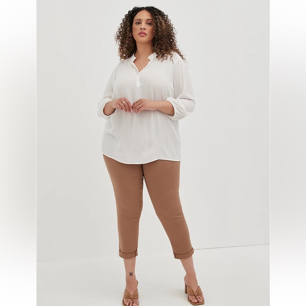 Torrid Boho White Gauze Eyelet Yoke Button Front Blouse